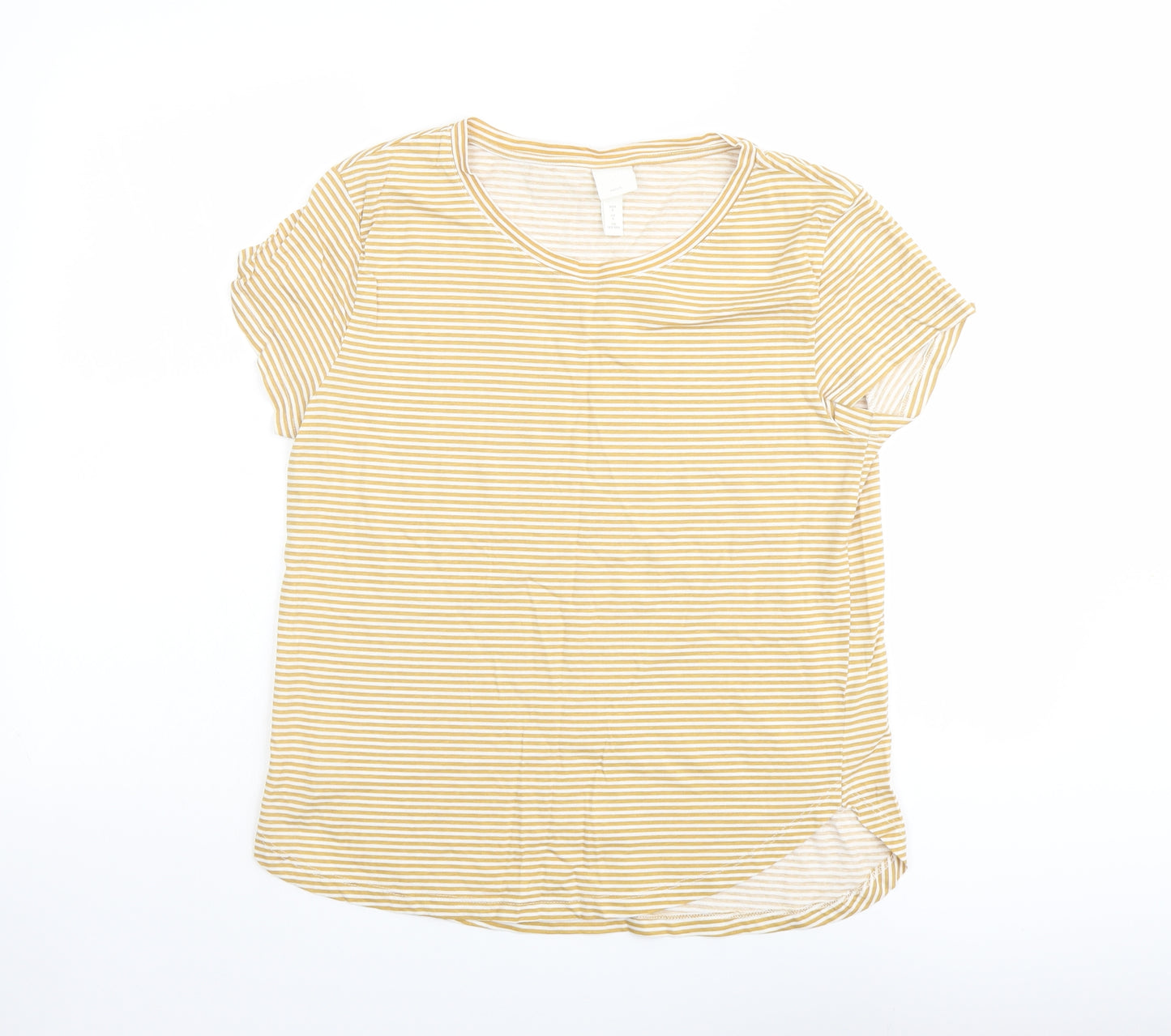 H&M Womens Yellow Striped Cotton Basic T-Shirt Size S Round Neck