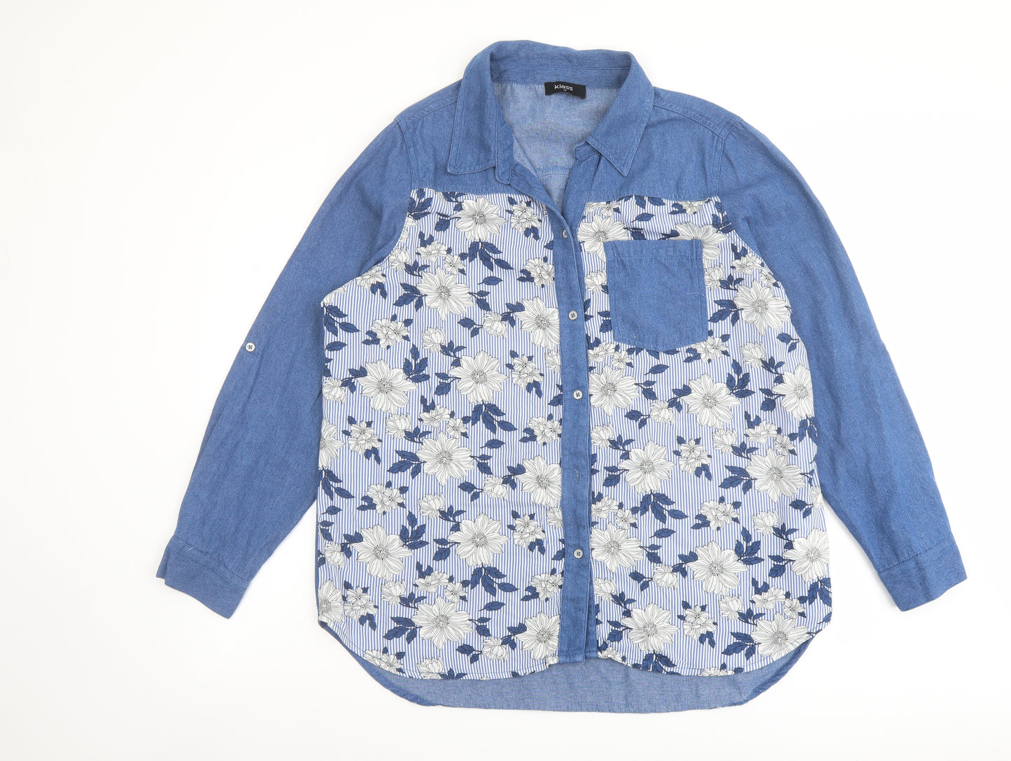Klass Womens Blue Geometric Cotton Basic Button-Up Size 18 Collared
