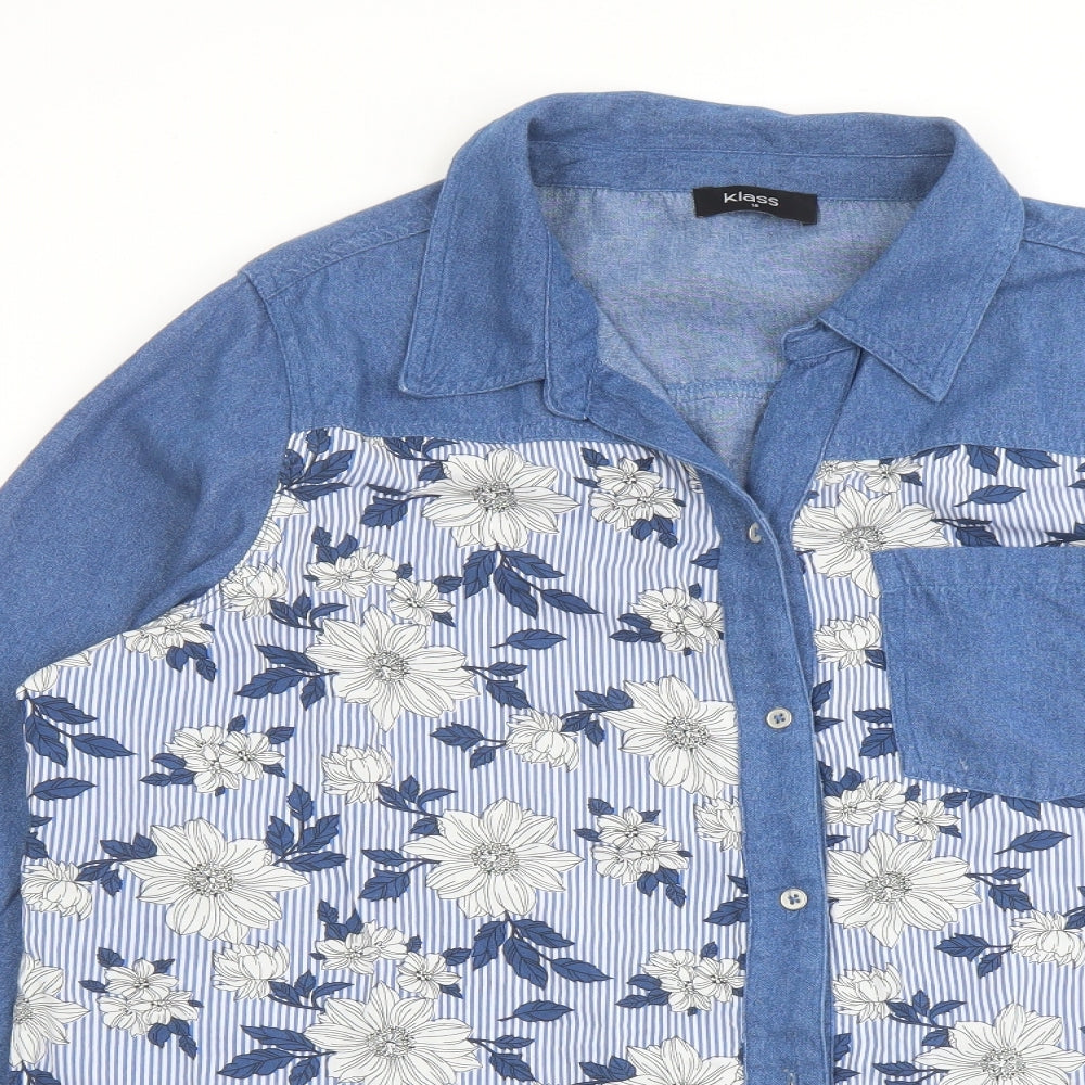 Klass Womens Blue Geometric Cotton Basic Button-Up Size 18 Collared