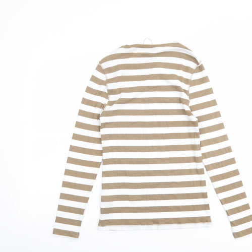 Marks and Spencer Womens Beige Striped Cotton Basic T-Shirt Size 10 Round Neck