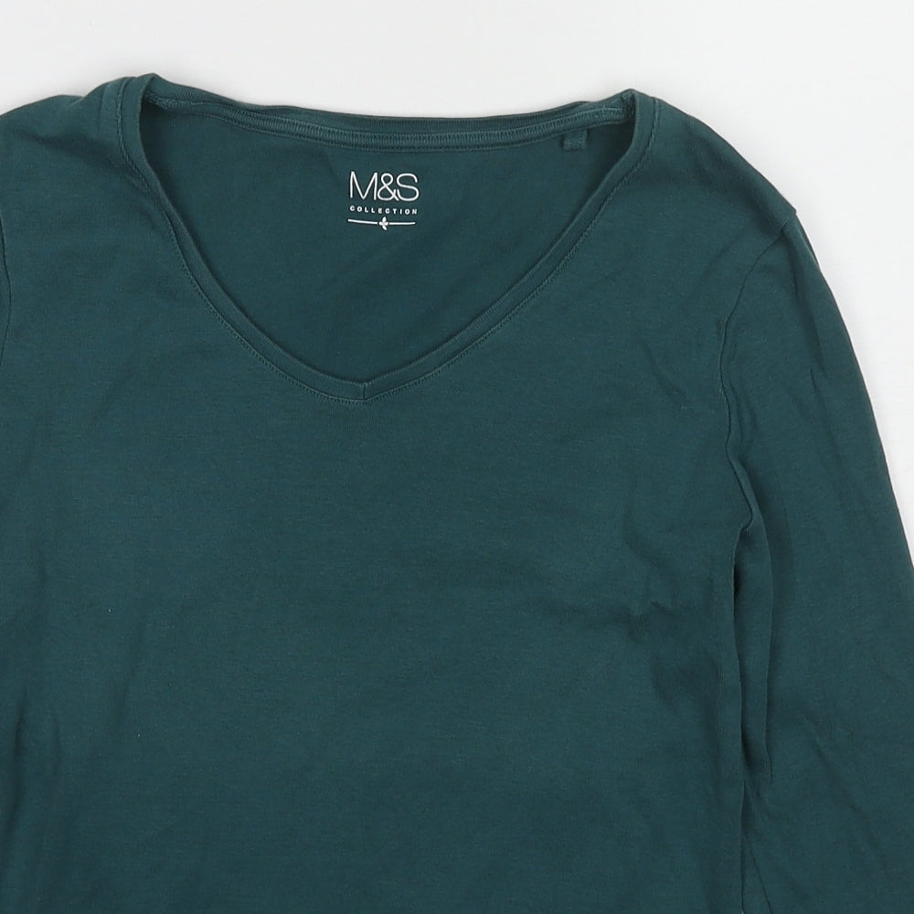 Marks and Spencer Womens Green Cotton Basic Blouse Size 10 V-Neck