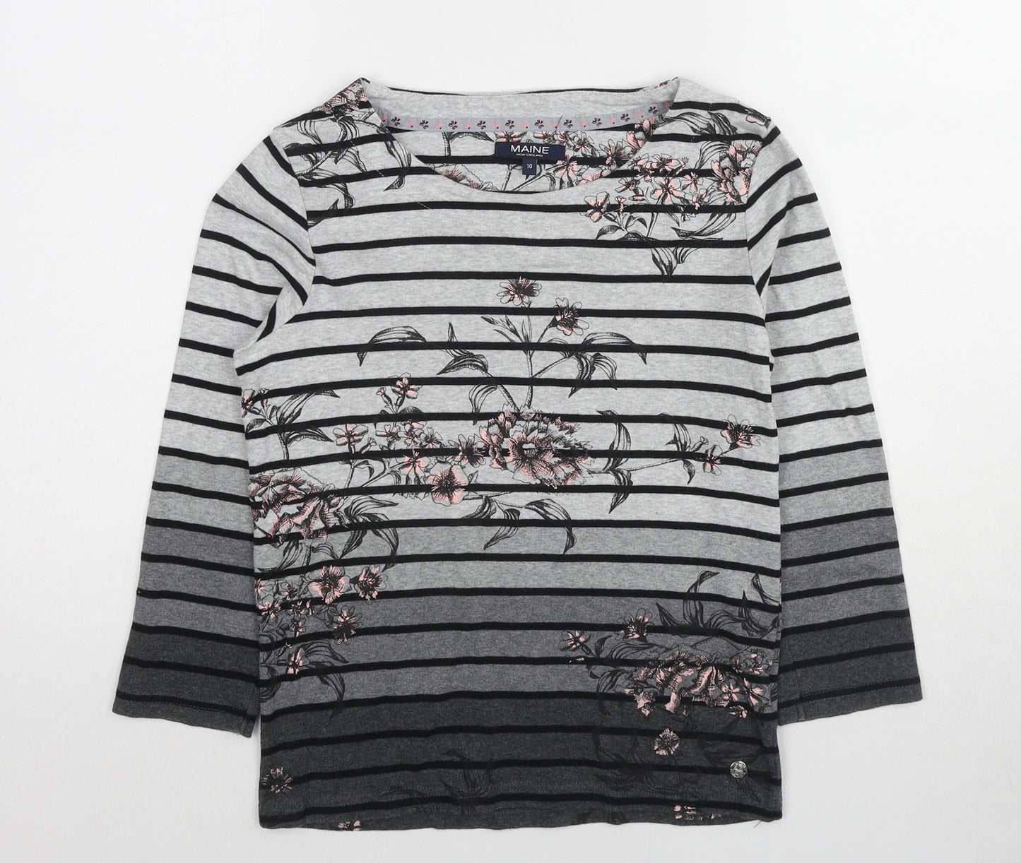 Maine Womens Grey Geometric Cotton Basic Blouse Size M Round Neck