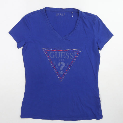 GUESS Womens Blue Cotton Basic T-Shirt Size 12 V-Neck