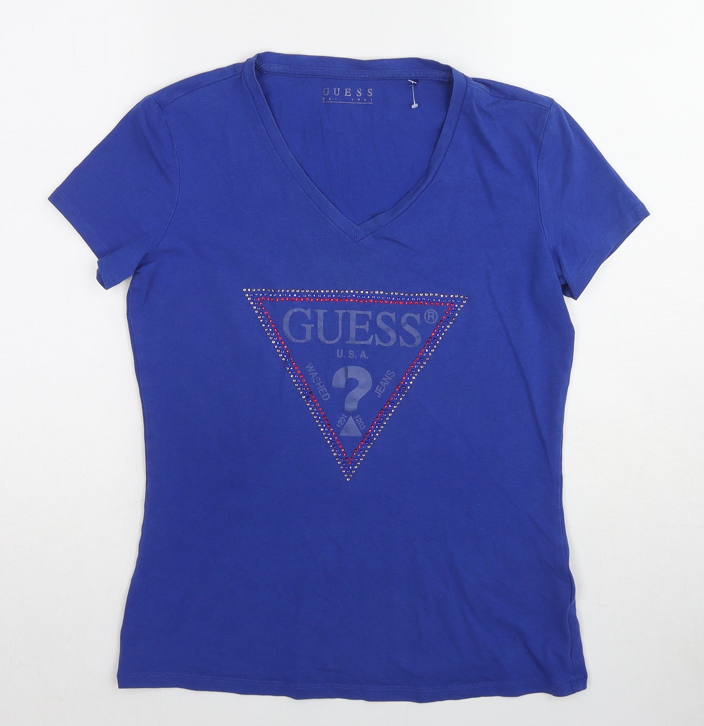 GUESS Womens Blue Cotton Basic T-Shirt Size 12 V-Neck