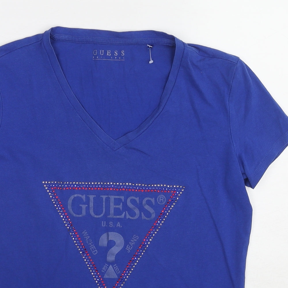 GUESS Womens Blue Cotton Basic T-Shirt Size 12 V-Neck