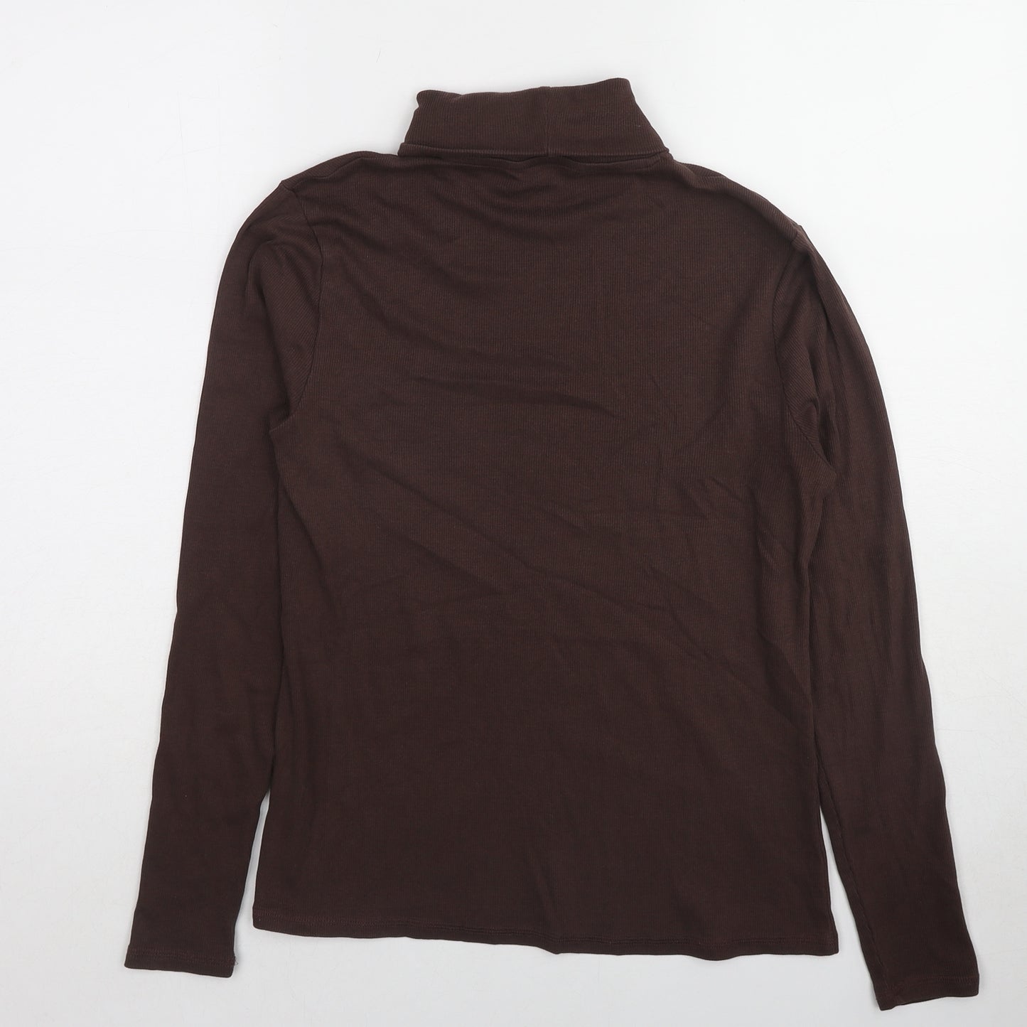 Marks and Spencer Womens Brown Cotton Basic T-Shirt Size 14 Roll Neck