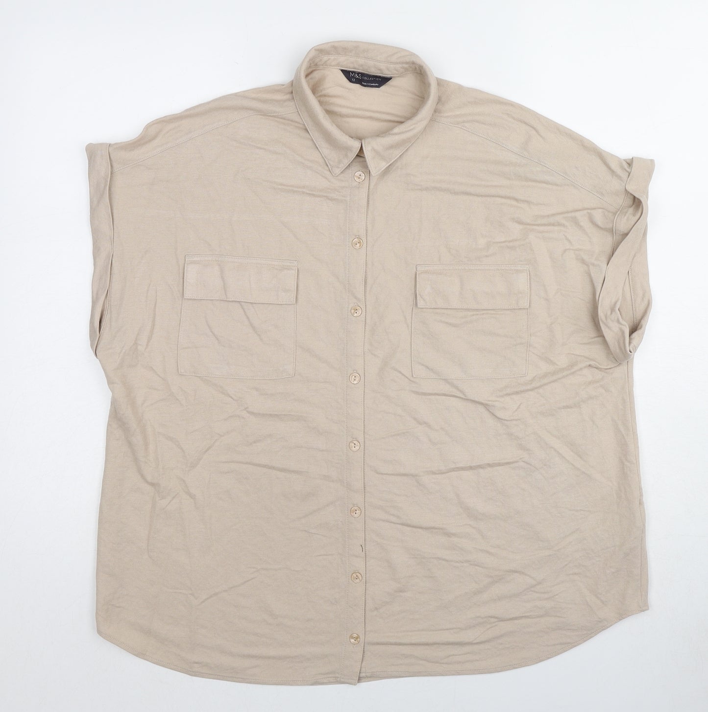 Marks and Spencer Womens Brown Viscose Basic Button-Up Size 12 Collared