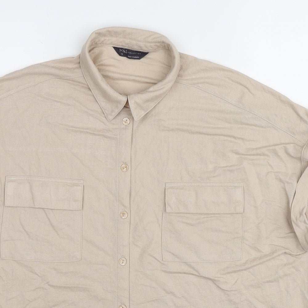 Marks and Spencer Womens Brown Viscose Basic Button-Up Size 12 Collared
