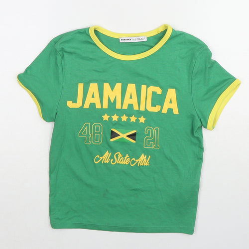 Bershka Womens Green Cotton Basic T-Shirt Size S Round Neck - Jamaica