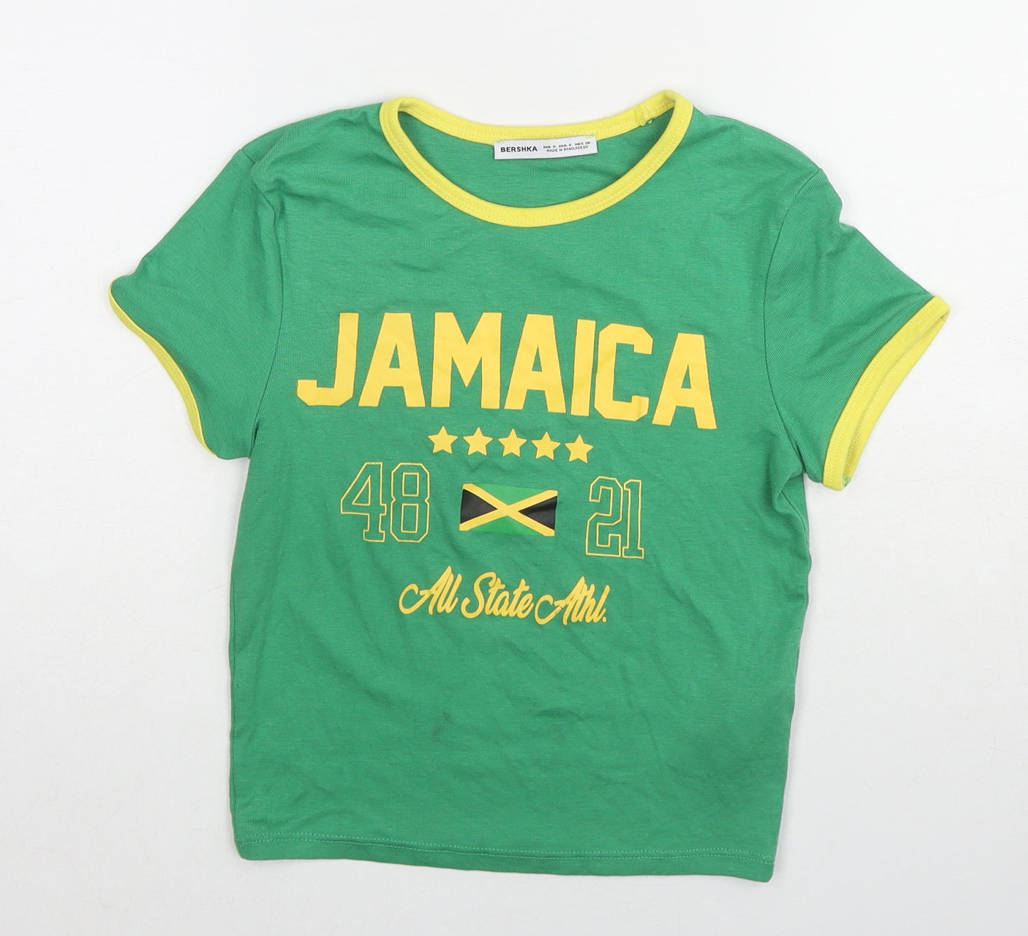 Bershka Womens Green Cotton Basic T-Shirt Size S Round Neck - Jamaica