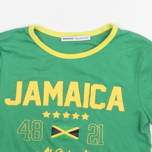 Bershka Womens Green Cotton Basic T-Shirt Size S Round Neck - Jamaica