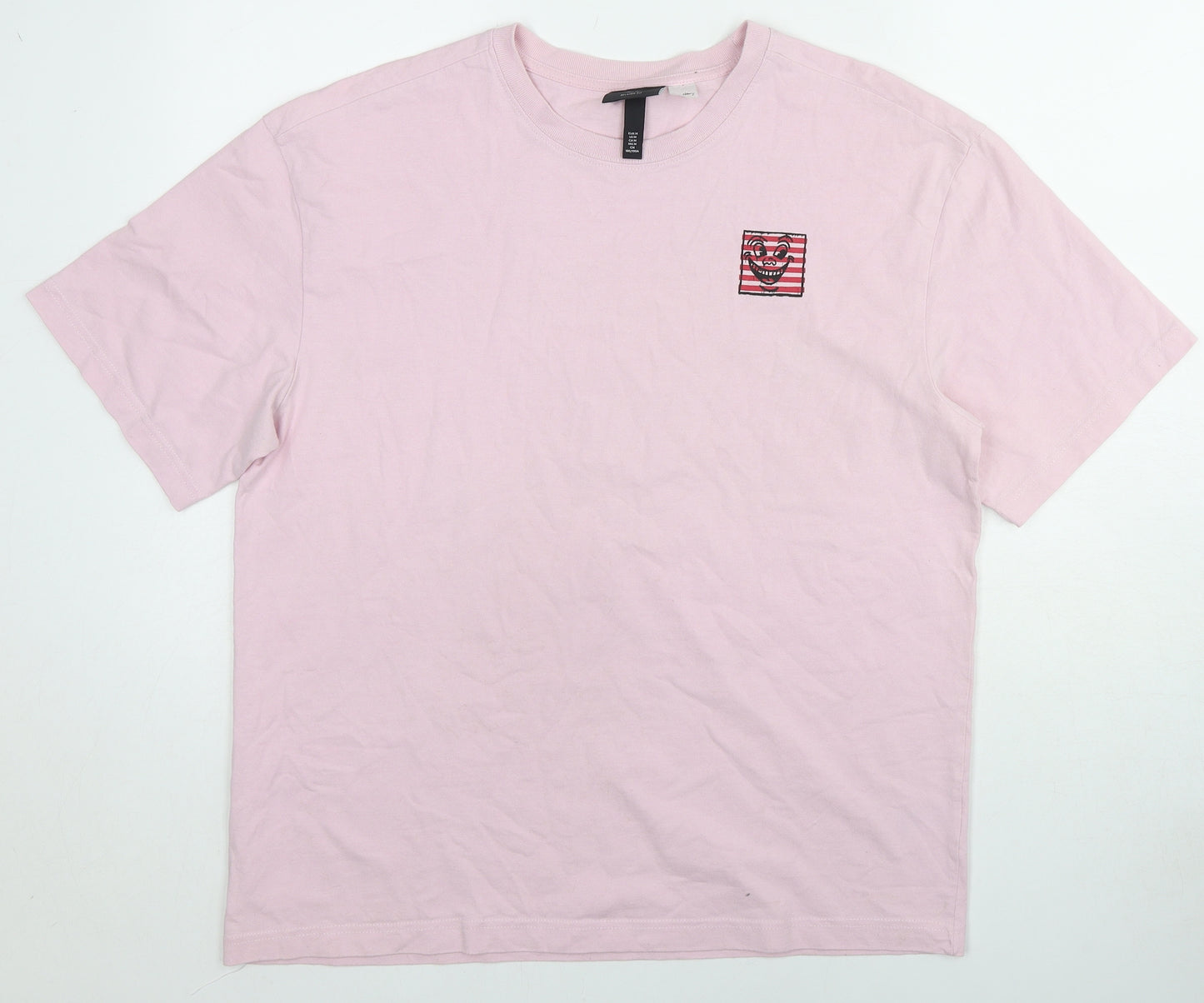 H&M Womens Pink Cotton Basic T-Shirt Size M Round Neck - Keith Haring