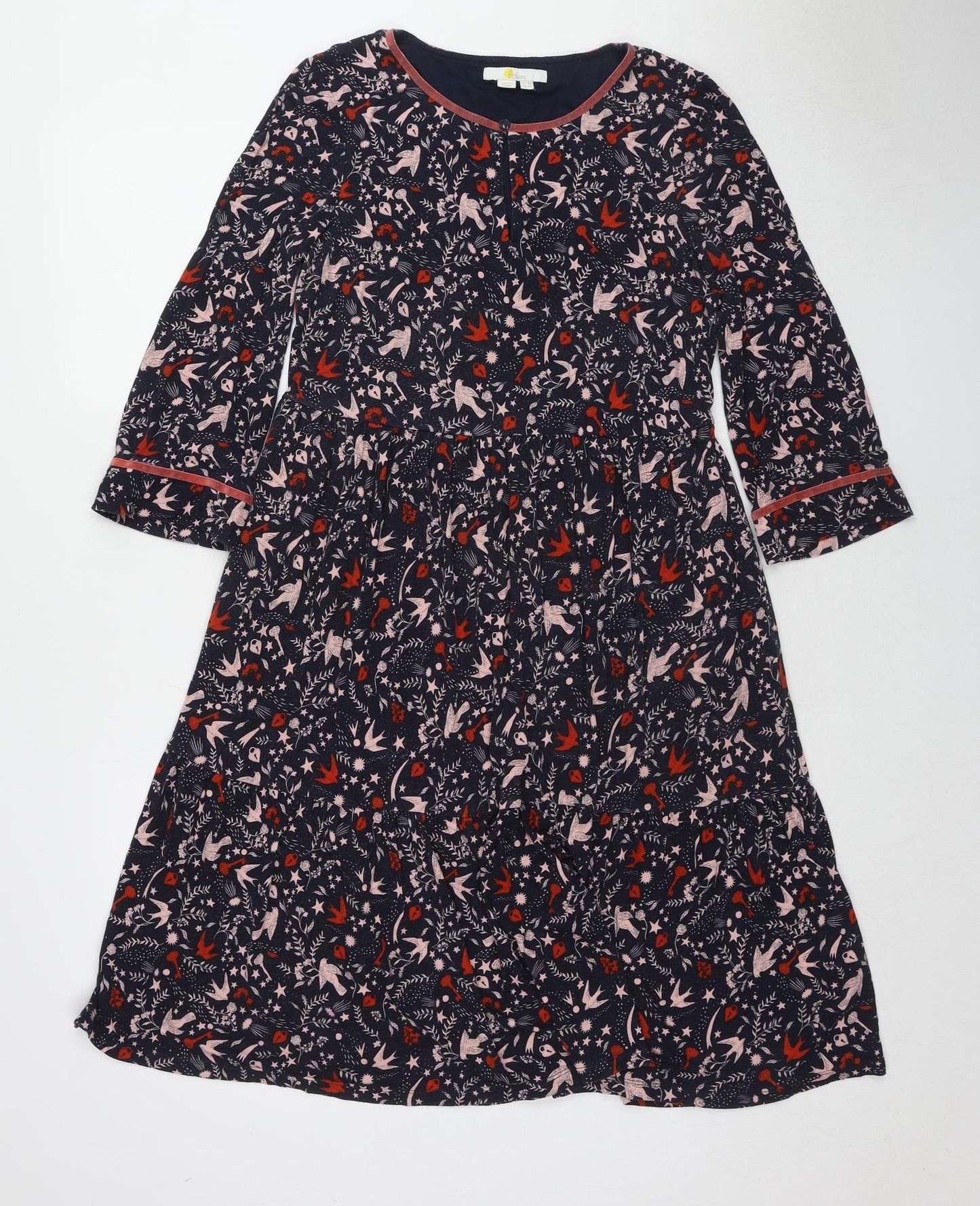 Boden Womens Blue Geometric Viscose Jumper Dress Size 8 Round Neck Pullover - Bird pattern