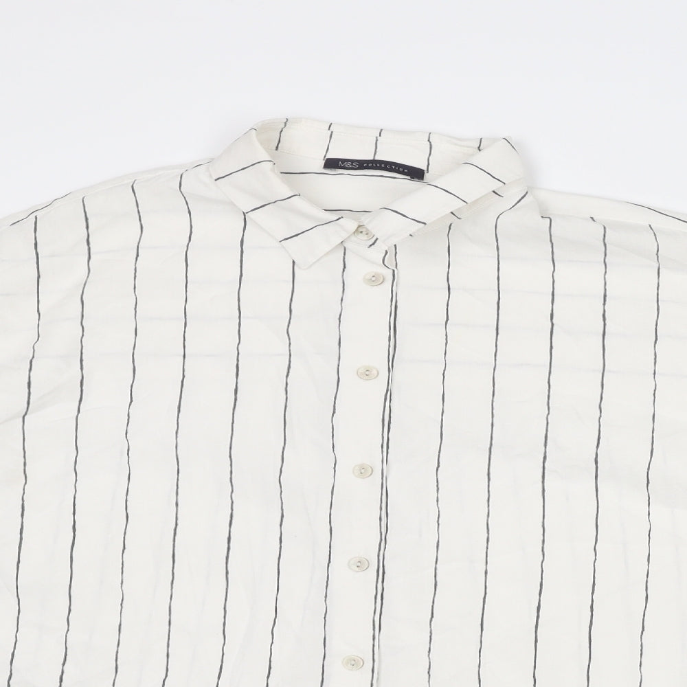 Marks and Spencer Womens White Striped Lyocell Basic Button-Up Size 14 Collared