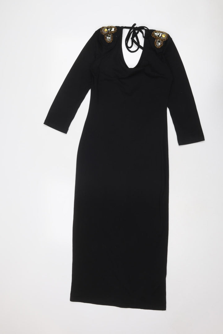 Rare Womens Black Cotton Shift Size 8 Scoop Neck Tie