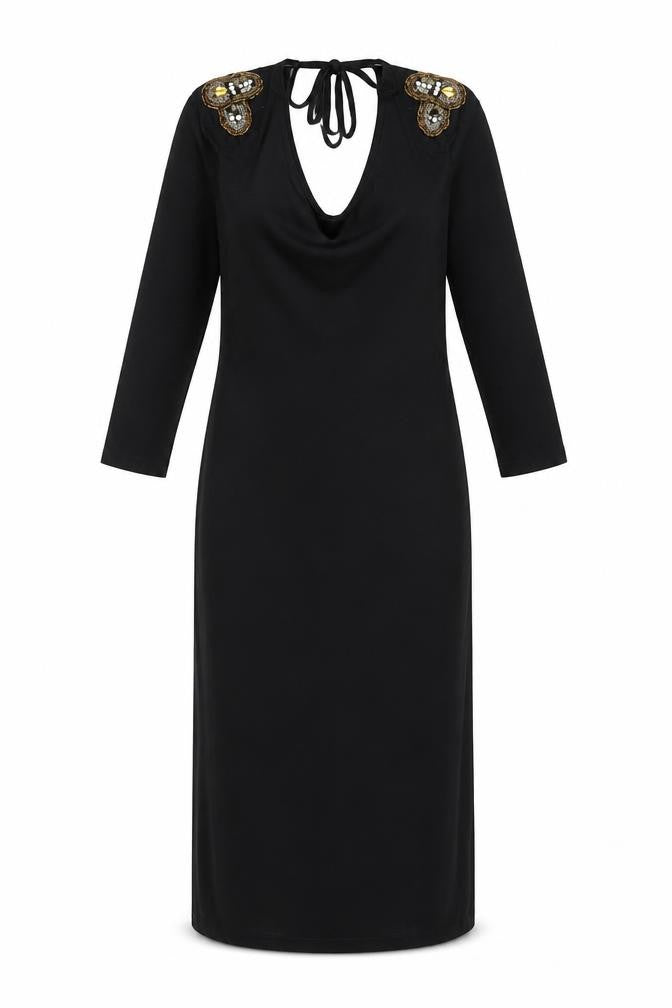 Front view of Rare women’s black cotton shift, size UK 8, scoop neck tie