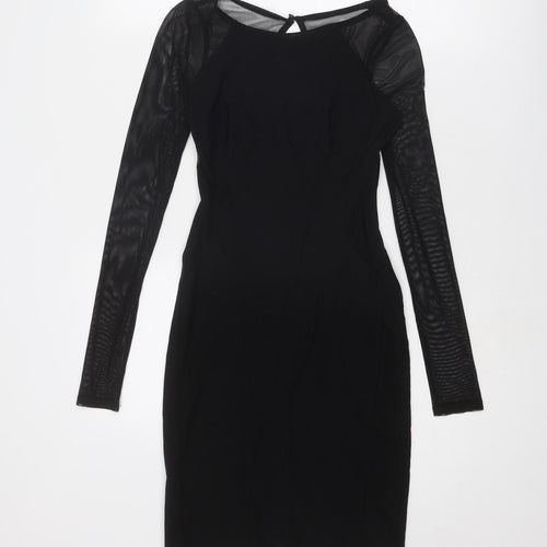 Miss Selfridge Womens Black Viscose Shift Size 8 Round Neck Zip - Sheer Sleeves