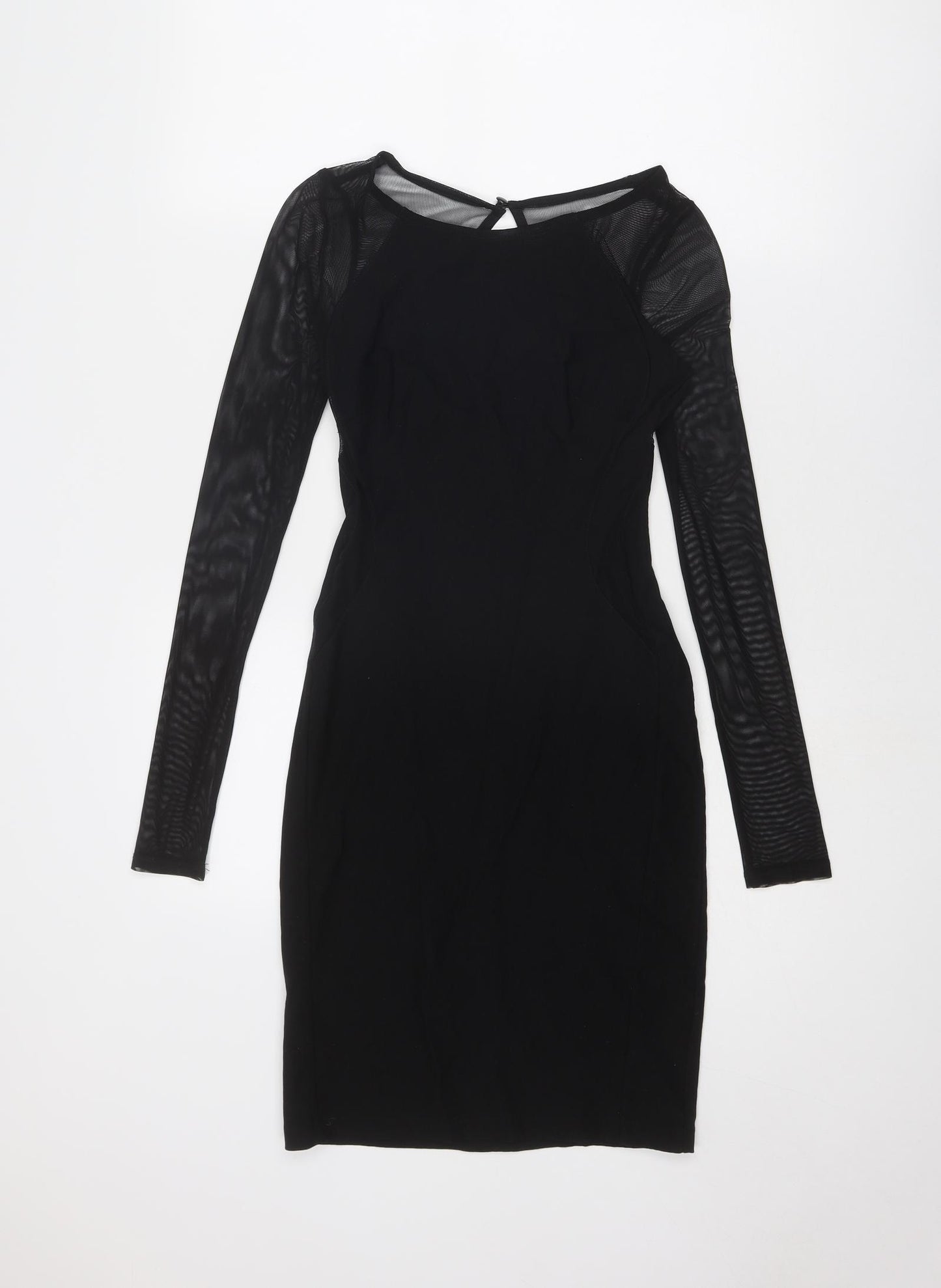 Miss Selfridge Womens Black Viscose Shift Size 8 Round Neck Zip - Sheer Sleeves