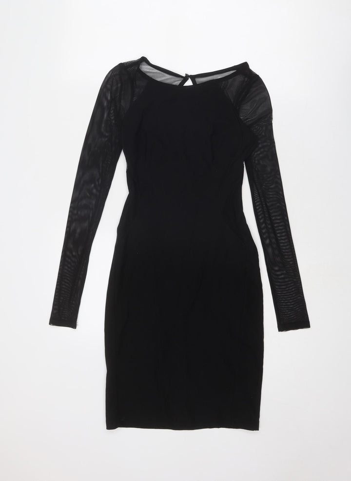 Miss Selfridge Womens Black Viscose Shift Size 8 Round Neck Zip - Sheer Sleeves