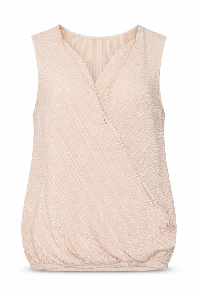 Front view of M&Co women’s pink striped polyester basic tank, size UK 10, v-neck