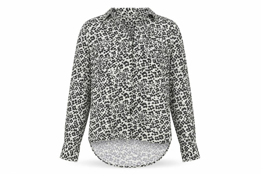 Front view of Next women’s multicoloured animal print viscose basic button-up, size UK 6, collared - leopard print