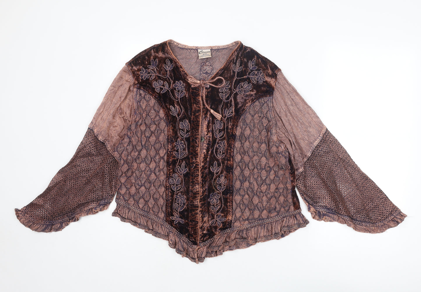 Classic Womens Brown Geometric Cotton Basic Blouse Size S V-Neck