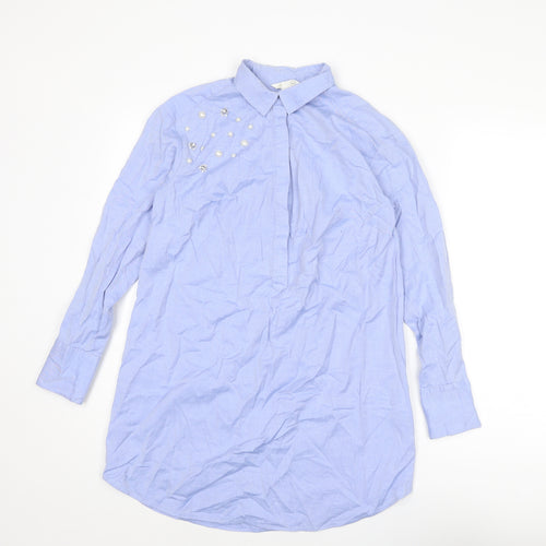 H&M Womens Blue Cotton Shirt Dress Size XS Collared Button