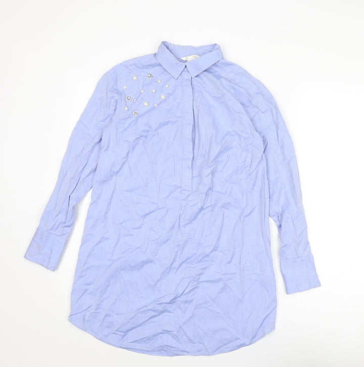 H&M Womens Blue Cotton Shirt Dress Size XS Collared Button