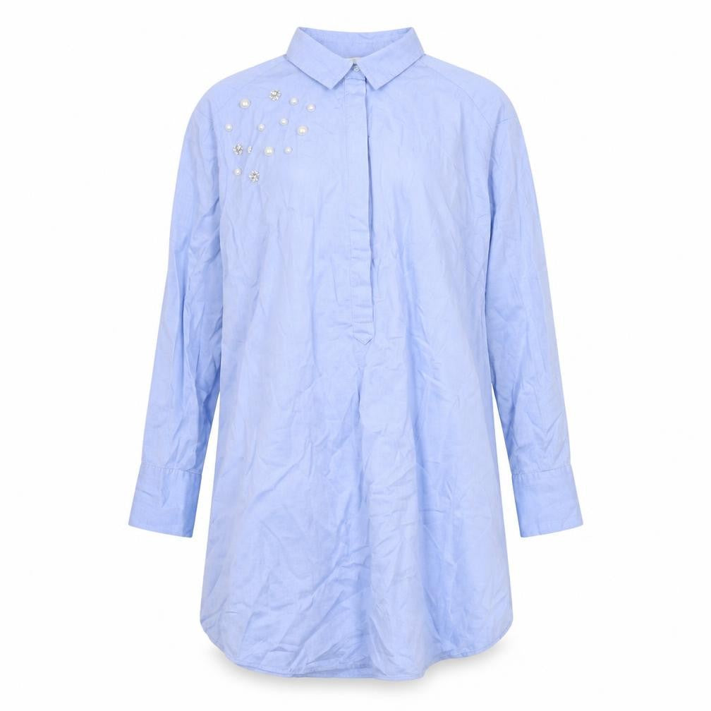 Front view of H&M women’s blue cotton shirt dress, size XS, collared button