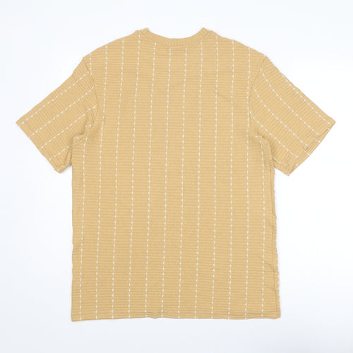 Zara Mens Yellow Striped Polyester T-Shirt Size S Round Neck