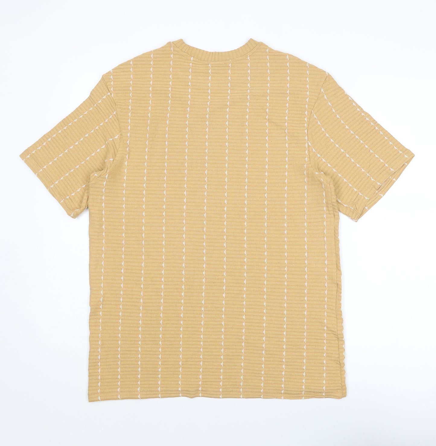 Zara Mens Yellow Striped Polyester T-Shirt Size S Round Neck