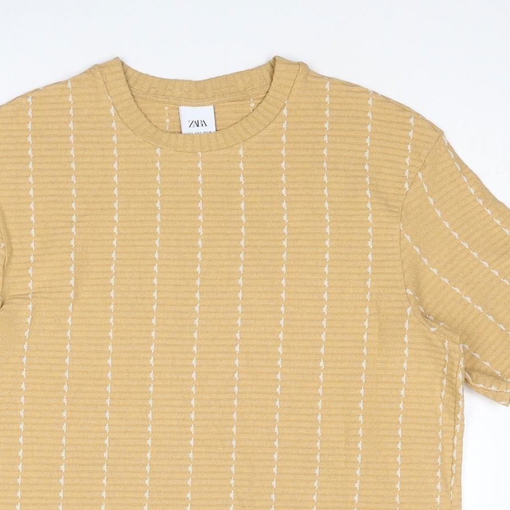 Zara Mens Yellow Striped Polyester T-Shirt Size S Round Neck