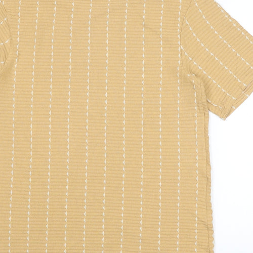 Zara Mens Yellow Striped Polyester T-Shirt Size S Round Neck
