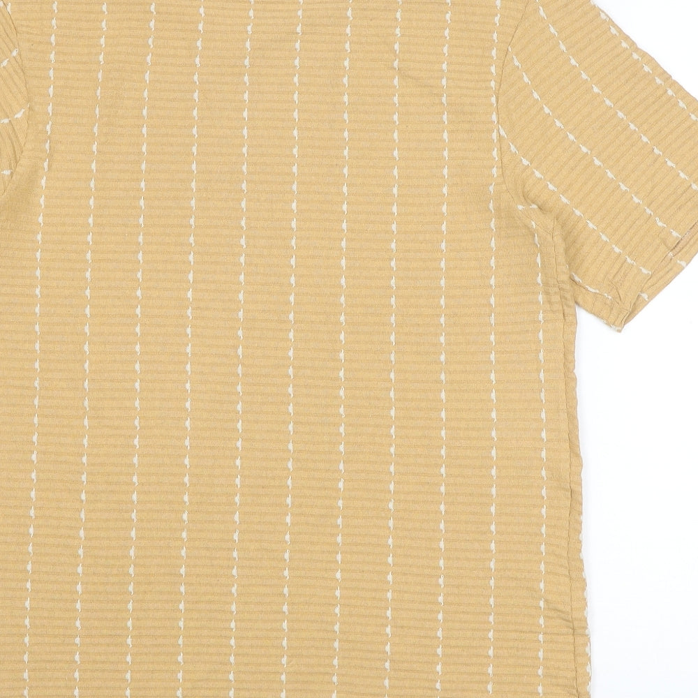 Zara Mens Yellow Striped Polyester T-Shirt Size S Round Neck