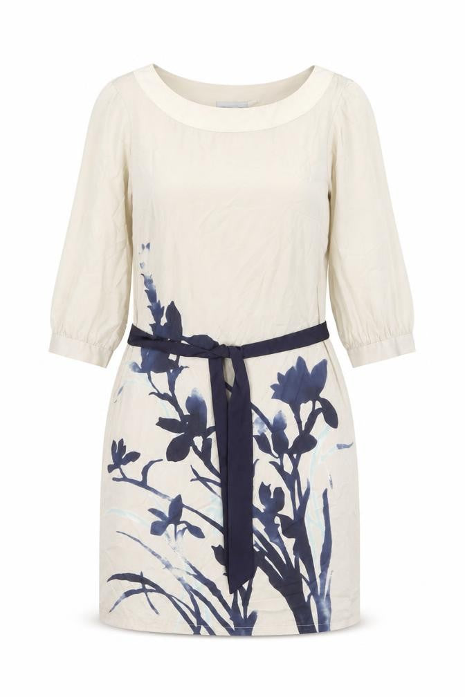 Front view of H&M women’s grey floral polyester shift, size UK 8, boat neck pullover