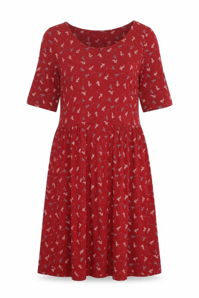 Front view of Indigo women’s red geometric viscose a-line, size UK 8, boat neck pullover