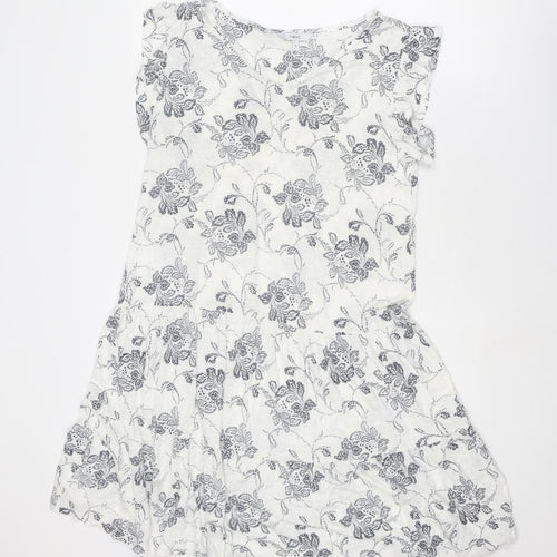 NEXT Womens White Floral Linen Fit & Flare Size 10 V-Neck Pullover