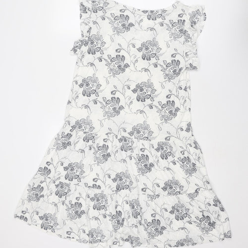 NEXT Womens White Floral Linen Fit & Flare Size 10 V-Neck Pullover