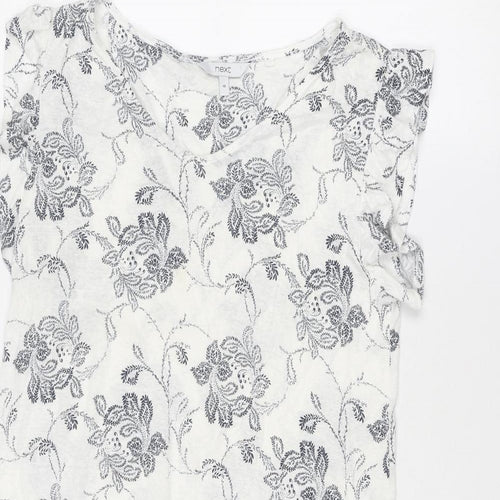 NEXT Womens White Floral Linen Fit & Flare Size 10 V-Neck Pullover