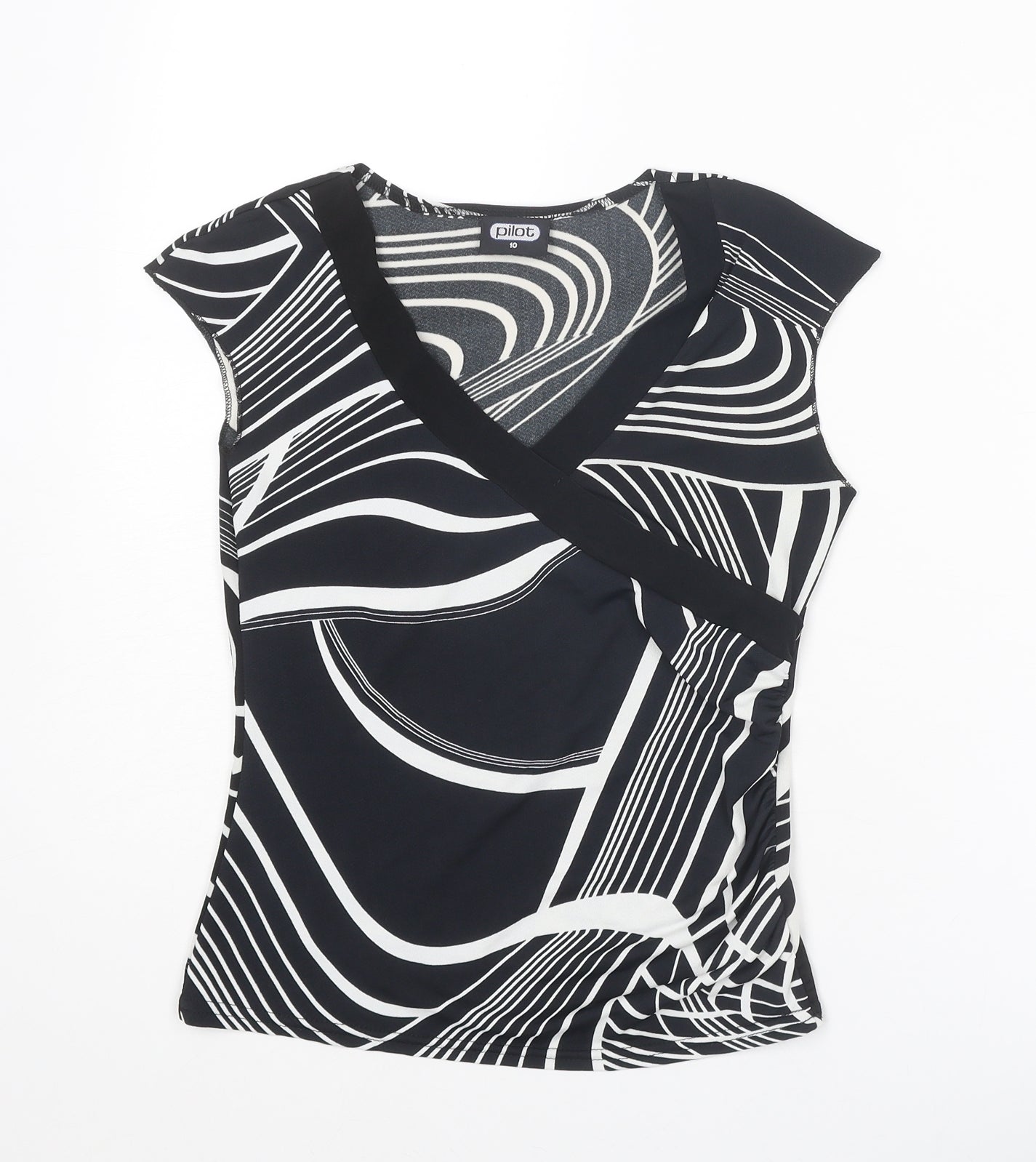 Pilot Womens Black Geometric Polyester Basic T-Shirt Size 10 V-Neck