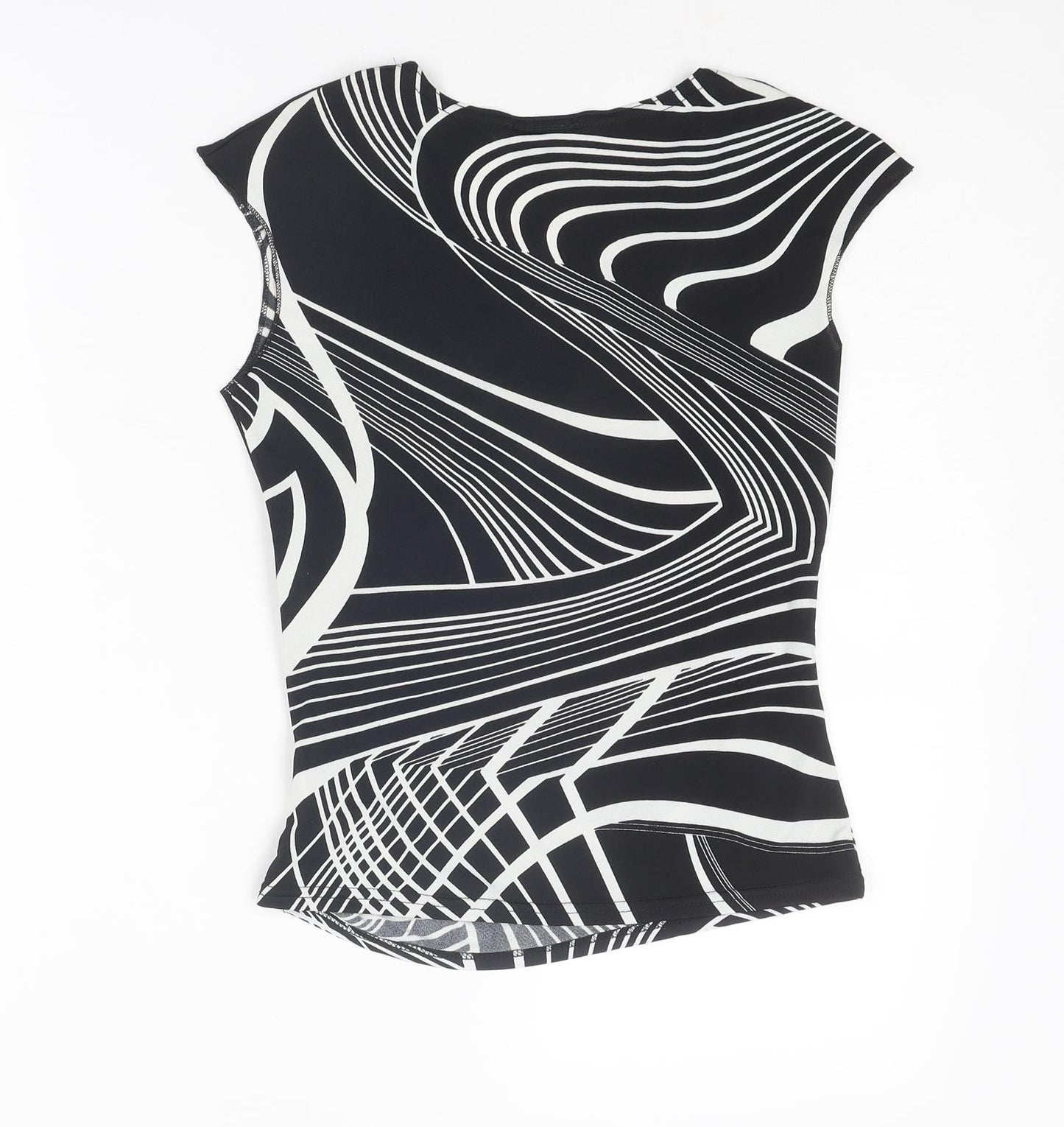 Pilot Womens Black Geometric Polyester Basic T-Shirt Size 10 V-Neck