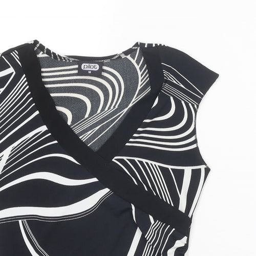 Pilot Womens Black Geometric Polyester Basic T-Shirt Size 10 V-Neck