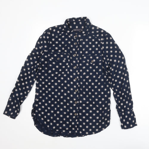 Marks and Spencer Womens Blue Geometric Viscose Basic Button-Up Size 6 Collared