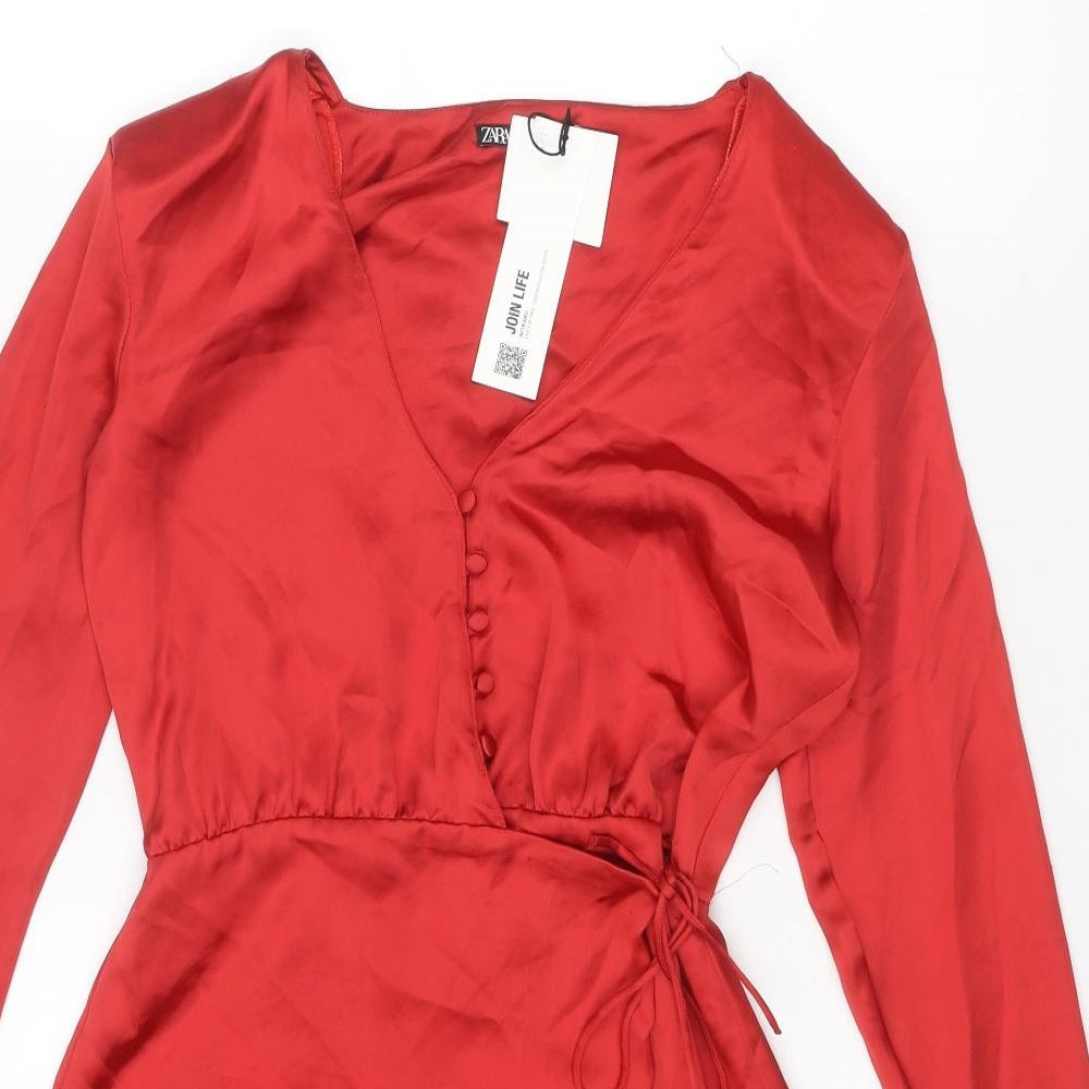 Zara Womens Red Polyester Mini Size S V-Neck Button