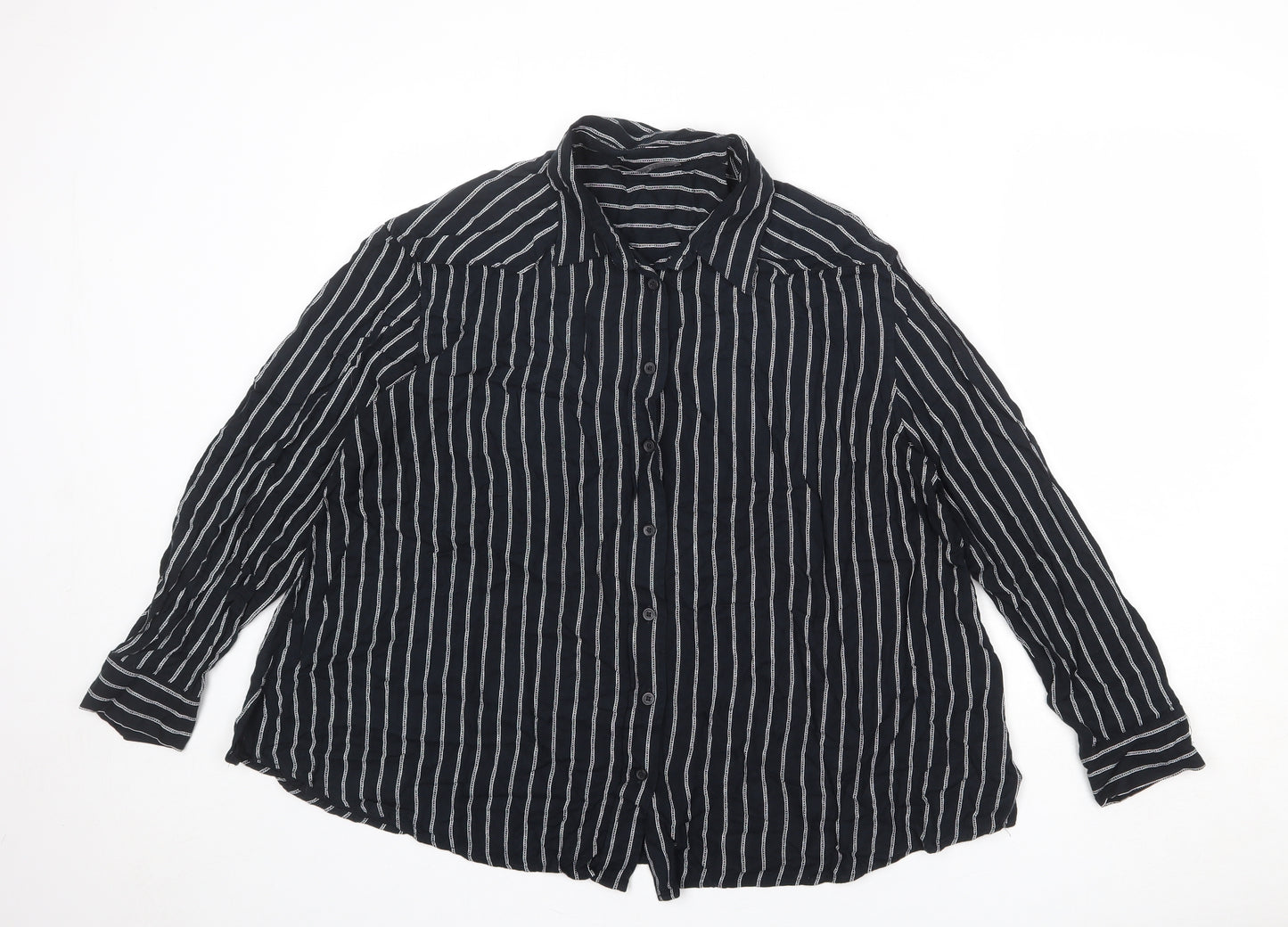 Marks and Spencer Womens Black Striped Viscose Basic Button-Up Size 18 Collared