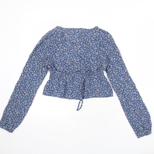Bershka Womens Blue Floral Viscose Basic Blouse Size S V-Neck - Peplum