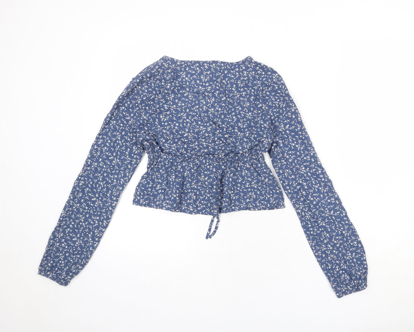 Bershka Womens Blue Floral Viscose Basic Blouse Size S V-Neck - Peplum