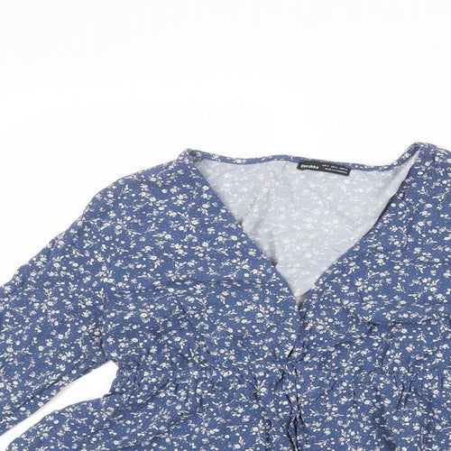 Bershka Womens Blue Floral Viscose Basic Blouse Size S V-Neck - Peplum