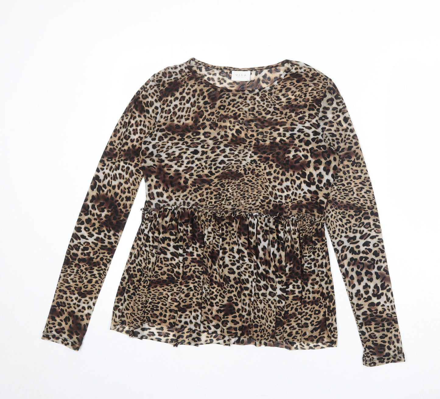 VILA Womens Multicoloured Animal Print Polyester Basic T-Shirt Size M Boat Neck - Leopard Print