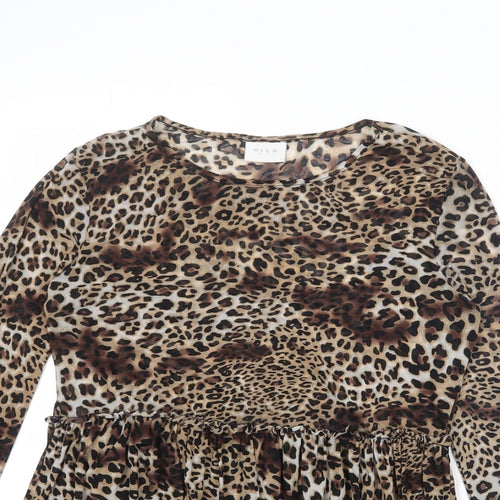 VILA Womens Multicoloured Animal Print Polyester Basic T-Shirt Size M Boat Neck - Leopard Print